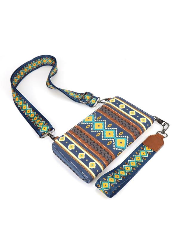 Boho Style Geometric Pattern Decor Zipper Envelope Clutch, Western Aztec Clutch Wristlet with Credit Card Slots, Fashionable Long Wallet for Women Gift