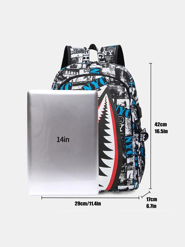 Fashion Shark Pattern Backpack, Casual Large Capacity Backpack with USB Charging Port, Trendy Versatile School Bag for Men