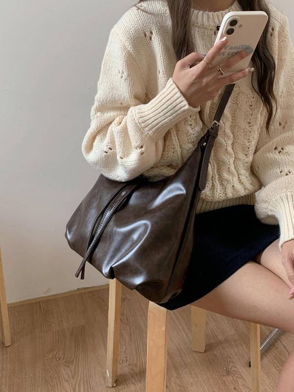 Women's Solid Color Retro Shoulder Bag, Fashionable Large Capacity Tote Bag for Daily Used, Casual Trendy Versatile High-quality Daily Commuting Bag