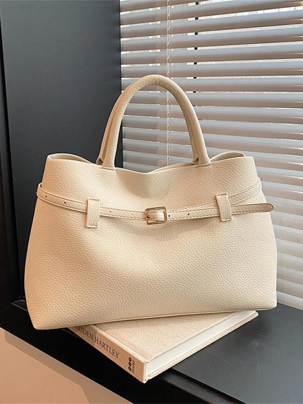 Women's Fashionable Solid Color Belted Design Tote Bag, Casual PU Leather Shoulder Bag for Daily Used, Trendy Versatile High-end Commuting Bag