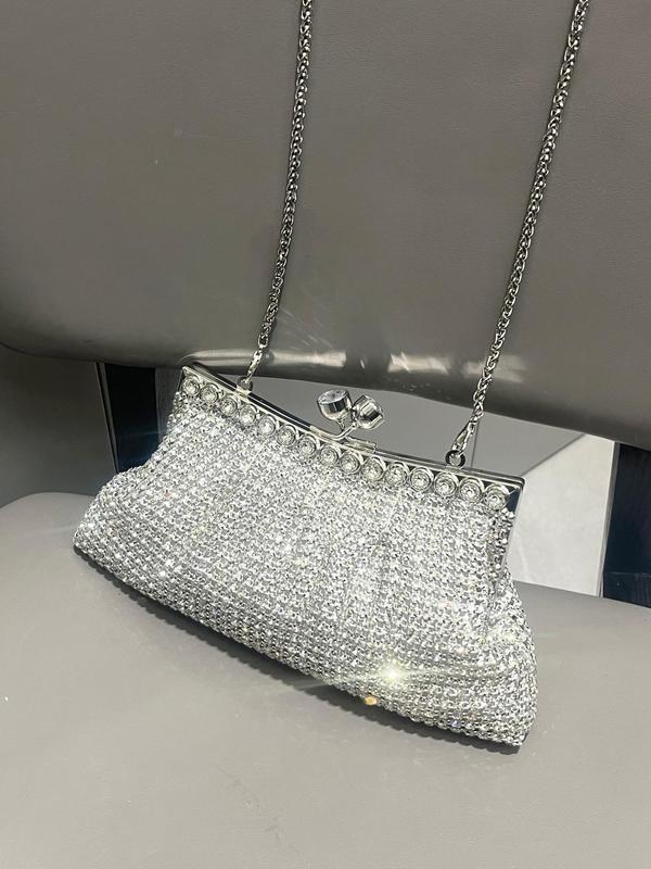 Women's Elegant Rhinestone Decor Glamorous Evening Bag, Trendy Shining Kiss Lock Clutch Handbag, Fashion Chain Strap Frame Bag for Wedding, Prom, Banquet