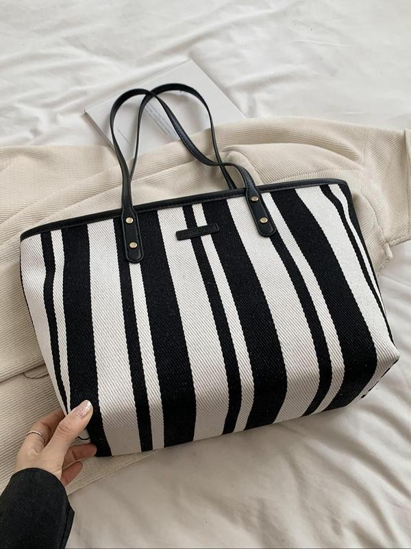 Women's Elegant Striped Pattern Tote Bag, Fashionable Zipper Shoulder Bag for Daily Used, Casual Trendy Versatile High-quality Daily Commuting Bag, Girl Fashionable Shopping Bag