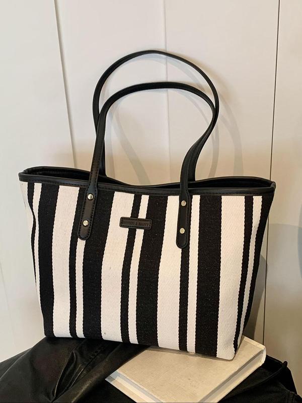 Women's Elegant Striped Pattern Tote Bag, Fashionable Zipper Shoulder Bag for Daily Used, Casual Trendy Versatile High-quality Daily Commuting Bag, Girl Fashionable Shopping Bag