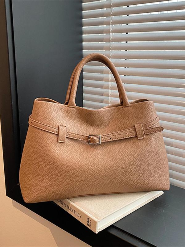 Women's Fashionable Solid Color Belted Design Tote Bag, Casual PU Leather Shoulder Bag for Daily Used, Trendy Versatile High-end Commuting Bag