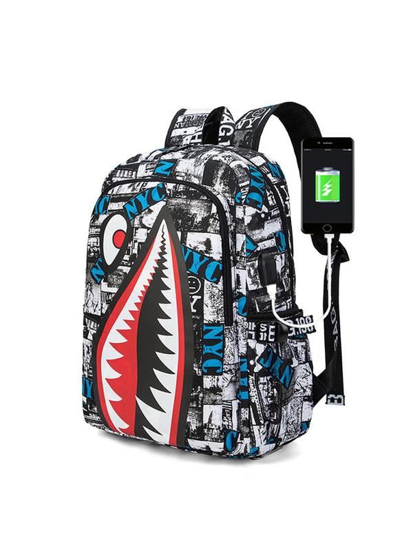 Fashion Shark Pattern Backpack, Casual Large Capacity Backpack with USB Charging Port, Trendy Versatile School Bag for Men