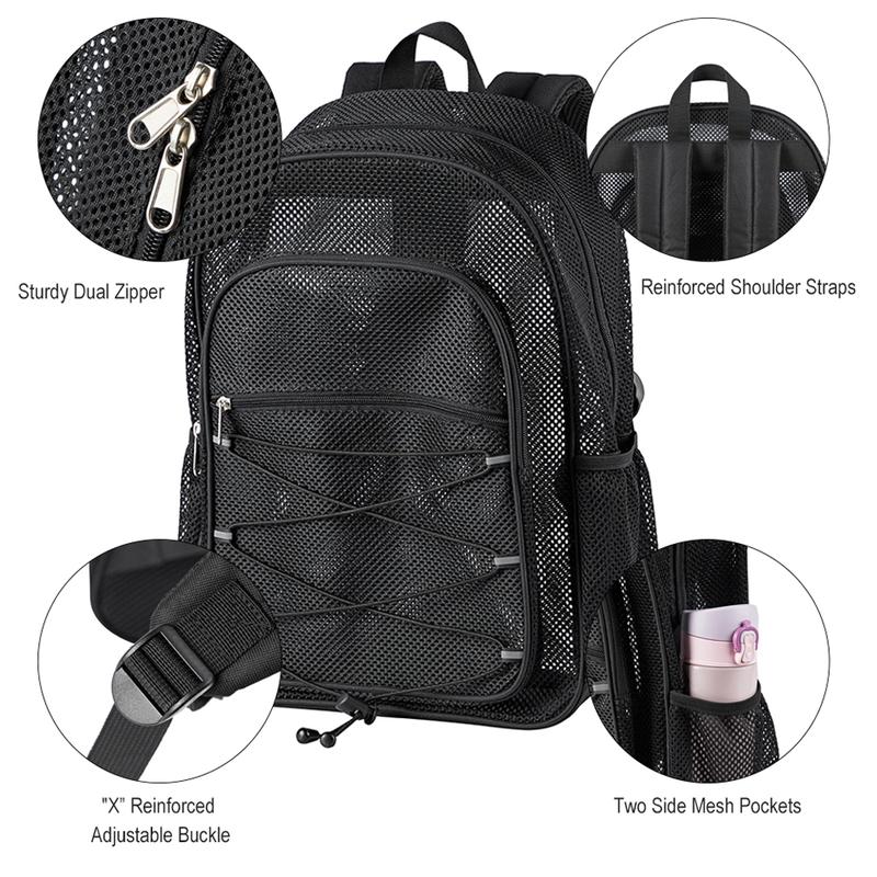 Heavy Duty Mesh Backpack, See Through College Mesh Backpack, Semi-transparent Bookbag with Bungee and Comfort Padded Straps for Commuting, Swimming, Beach, Outdoor Sports