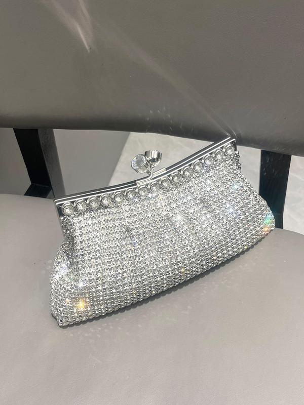 Women's Elegant Rhinestone Decor Glamorous Evening Bag, Trendy Shining Kiss Lock Clutch Handbag, Fashion Chain Strap Frame Bag for Wedding, Prom, Banquet