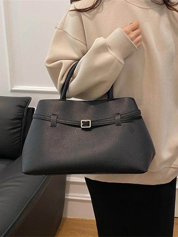 Women's Fashionable Solid Color Belted Design Tote Bag, Casual PU Leather Shoulder Bag for Daily Used, Trendy Versatile High-end Commuting Bag