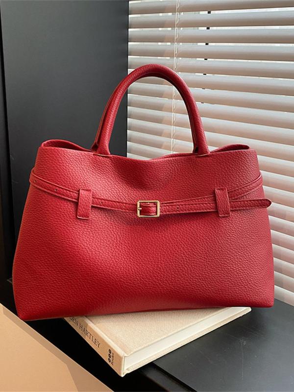 Women's Fashionable Solid Color Belted Design Tote Bag, Casual PU Leather Shoulder Bag for Daily Used, Trendy Versatile High-end Commuting Bag