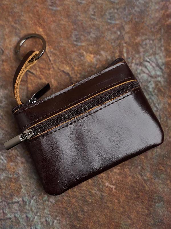 Men's Vintage Cowhide Coin Purse, Retro Zipper Coin Purse for Men, Simple Mini Ultra-thin Card Holder, Portable Key Bag