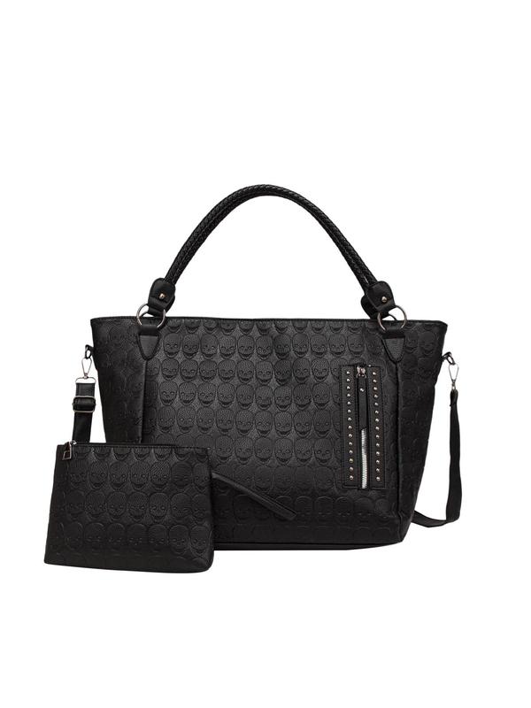 Women's Punk Style Skull Pattern Embossed Tote Bag & Minicoin Purse, Casual Trendy Shoulder Bag & Crossbody Bag & Wallet, Versatile Bag Set for Women for Daily Use