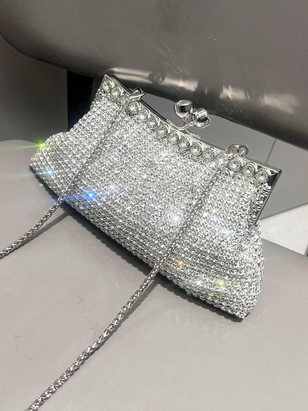 Women's Elegant Rhinestone Decor Glamorous Evening Bag, Trendy Shining Kiss Lock Clutch Handbag, Fashion Chain Strap Frame Bag for Wedding, Prom, Banquet