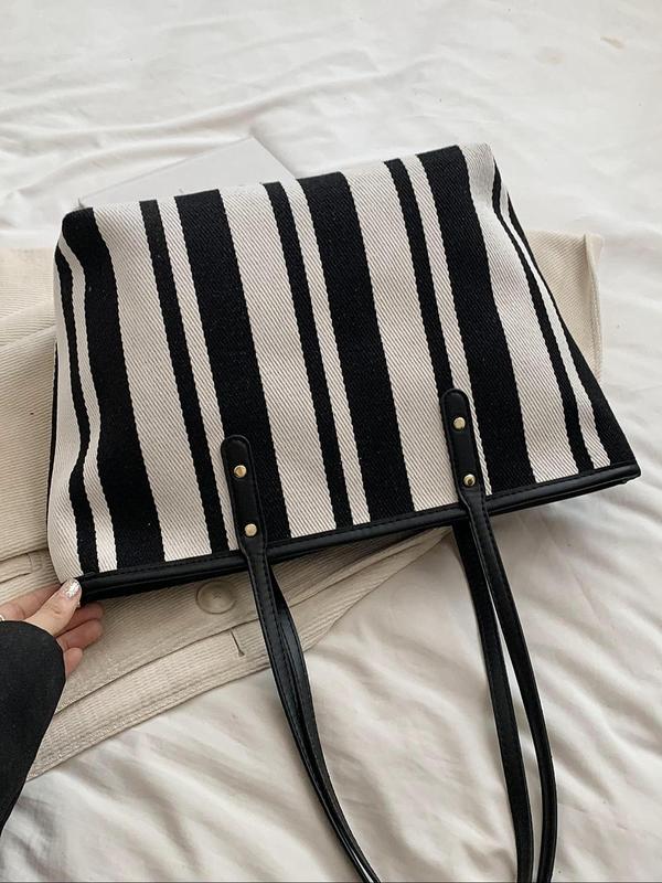 Women's Elegant Striped Pattern Tote Bag, Fashionable Zipper Shoulder Bag for Daily Used, Casual Trendy Versatile High-quality Daily Commuting Bag, Girl Fashionable Shopping Bag