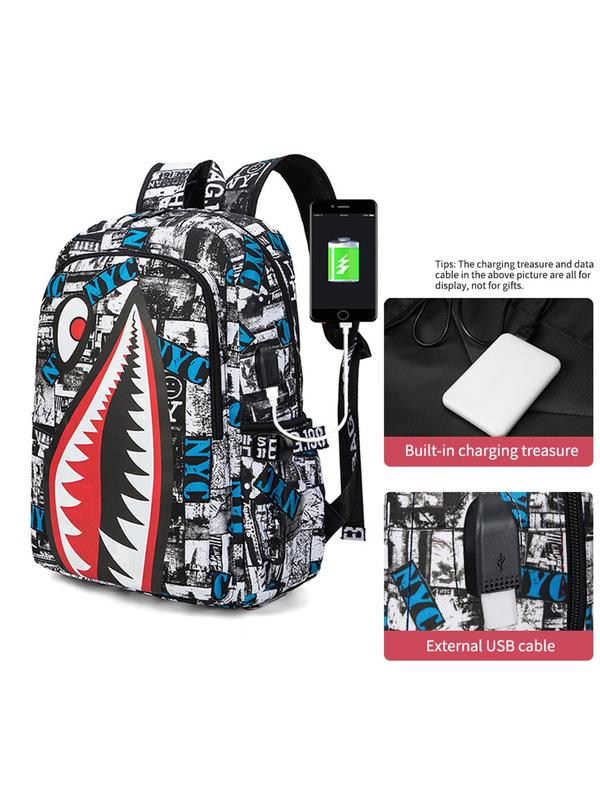 Fashion Shark Pattern Backpack, Casual Large Capacity Backpack with USB Charging Port, Trendy Versatile School Bag for Men