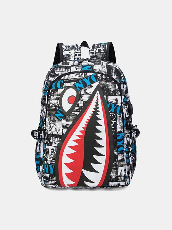 Fashion Shark Pattern Backpack, Casual Large Capacity Backpack with USB Charging Port, Trendy Versatile School Bag for Men