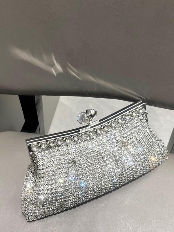 Women's Elegant Rhinestone Decor Glamorous Evening Bag, Trendy Shining Kiss Lock Clutch Handbag, Fashion Chain Strap Frame Bag for Wedding, Prom, Banquet