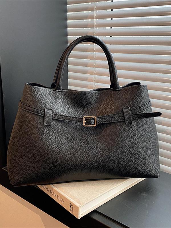 Women's Fashionable Solid Color Belted Design Tote Bag, Casual PU Leather Shoulder Bag for Daily Used, Trendy Versatile High-end Commuting Bag