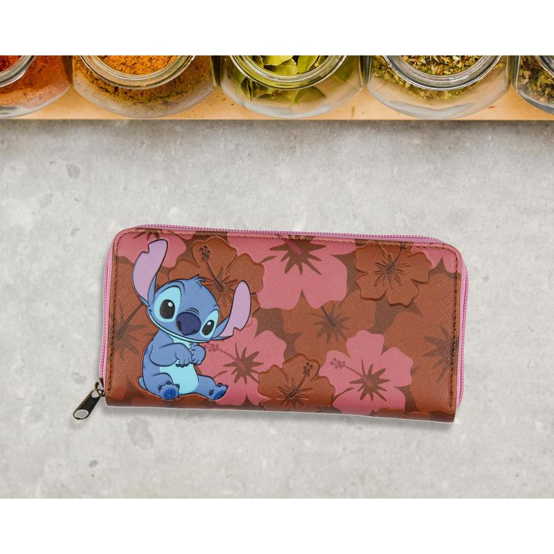 Disney Lilo And Stitch Allover Floral Stamped Design with Stitch Faux Leather Full Zip Wallet Bi-Fold