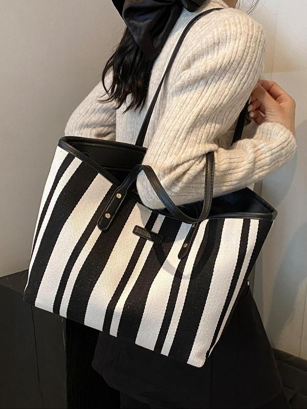 Women's Elegant Striped Pattern Tote Bag, Fashionable Zipper Shoulder Bag for Daily Used, Casual Trendy Versatile High-quality Daily Commuting Bag, Girl Fashionable Shopping Bag