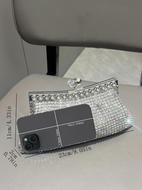 Women's Elegant Rhinestone Decor Glamorous Evening Bag, Trendy Shining Kiss Lock Clutch Handbag, Fashion Chain Strap Frame Bag for Wedding, Prom, Banquet