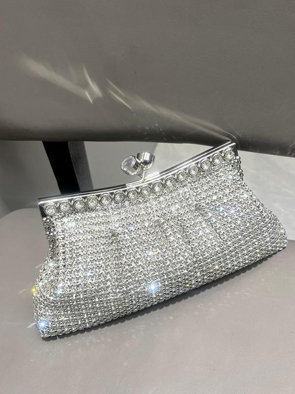 Women's Elegant Rhinestone Decor Glamorous Evening Bag, Trendy Shining Kiss Lock Clutch Handbag, Fashion Chain Strap Frame Bag for Wedding, Prom, Banquet