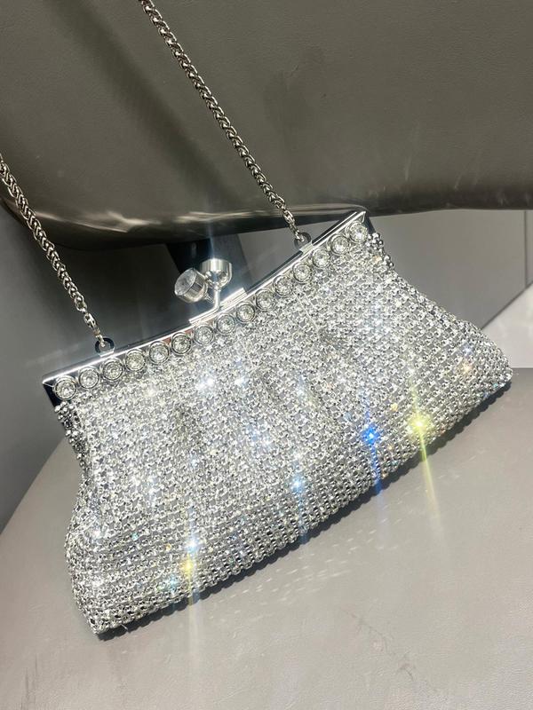 Women's Elegant Rhinestone Decor Glamorous Evening Bag, Trendy Shining Kiss Lock Clutch Handbag, Fashion Chain Strap Frame Bag for Wedding, Prom, Banquet