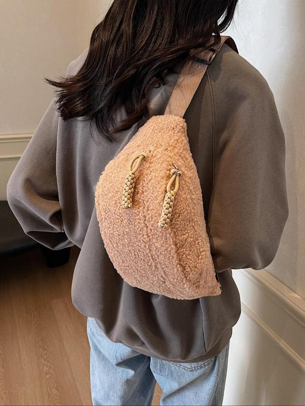 Women's Solid Color Plush Braid Design Fanny Pack, Fashionable Casual Versatile Zipper Chest Bag for Daily Used, Trendy All-match Sling Bag