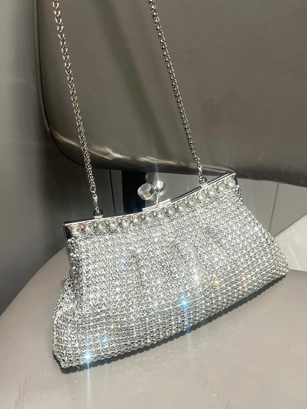 Women's Elegant Rhinestone Decor Glamorous Evening Bag, Trendy Shining Kiss Lock Clutch Handbag, Fashion Chain Strap Frame Bag for Wedding, Prom, Banquet