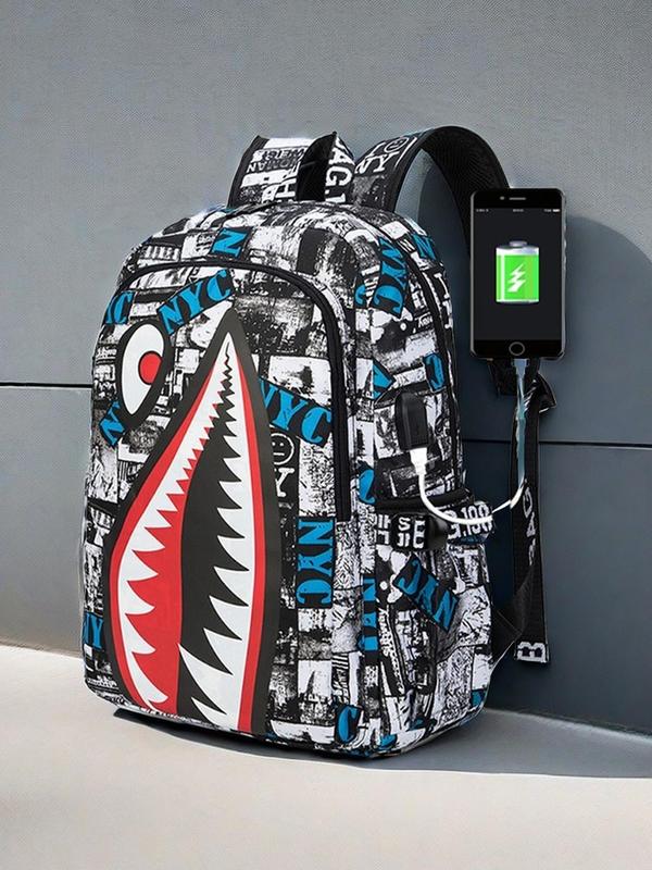 Fashion Shark Pattern Backpack, Casual Large Capacity Backpack with USB Charging Port, Trendy Versatile School Bag for Men