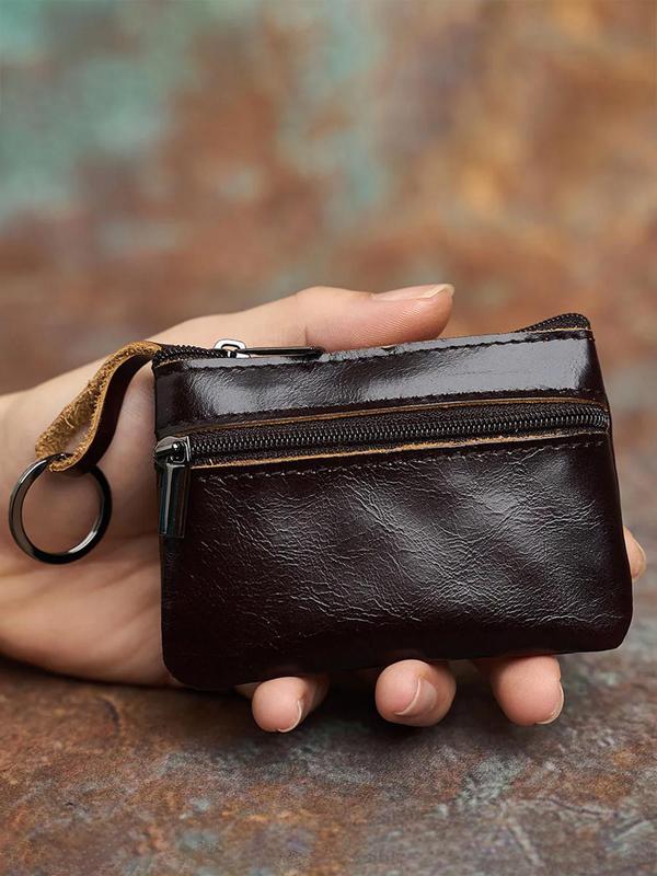 Men's Vintage Cowhide Coin Purse, Retro Zipper Coin Purse for Men, Simple Mini Ultra-thin Card Holder, Portable Key Bag