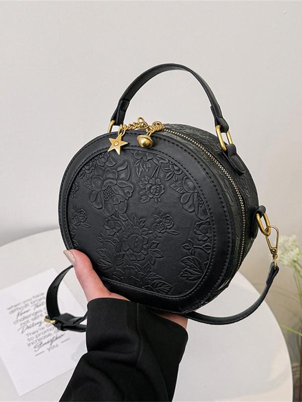 Women's Fashionable Floral Embossed Design Crossbody Bag, Casual PU Leather Circle Bag for Daily Used, Trendy Versatile High-quality Daily Commuting Bag