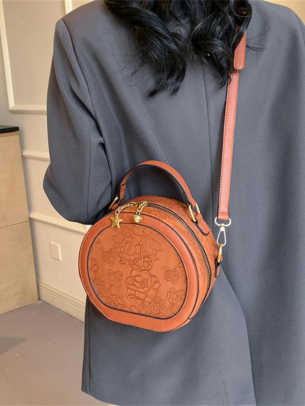 Women's Fashionable Floral Embossed Design Crossbody Bag, Casual PU Leather Circle Bag for Daily Used, Trendy Versatile High-quality Daily Commuting Bag