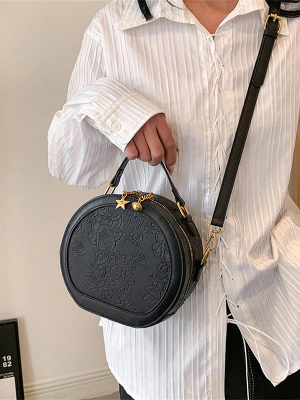 Women's Fashionable Floral Embossed Design Crossbody Bag, Casual PU Leather Circle Bag for Daily Used, Trendy Versatile High-quality Daily Commuting Bag