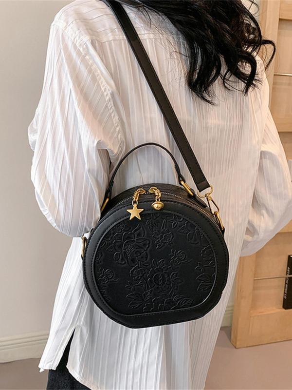 Women's Fashionable Floral Embossed Design Crossbody Bag, Casual PU Leather Circle Bag for Daily Used, Trendy Versatile High-quality Daily Commuting Bag