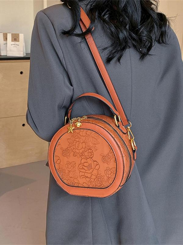 Women's Fashionable Floral Embossed Design Crossbody Bag, Casual PU Leather Circle Bag for Daily Used, Trendy Versatile High-quality Daily Commuting Bag