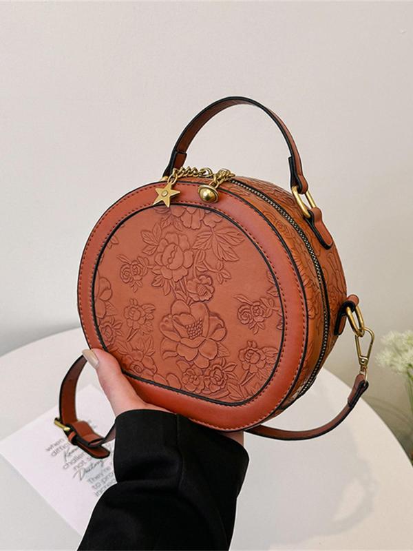 Women's Fashionable Floral Embossed Design Crossbody Bag, Casual PU Leather Circle Bag for Daily Used, Trendy Versatile High-quality Daily Commuting Bag