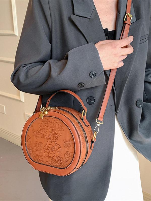 Women's Fashionable Floral Embossed Design Crossbody Bag, Casual PU Leather Circle Bag for Daily Used, Trendy Versatile High-quality Daily Commuting Bag