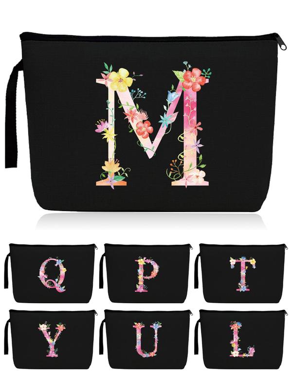 Letter Pattern Zipper Cosmetic Bag, Wedding Bridal Bridesmaid Flower Initial Print Makeup Bag, Portable Zipper Travel Storage Toiletry Pouch