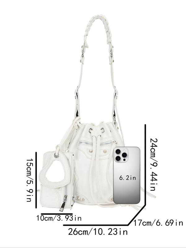 Women's Fashionable Rivet & Heart Decor Bucket Bag & Drawstring Bag, Punk Style Popular New Style, Stylish Personality, Versatile Drawstring Crossbody Bag