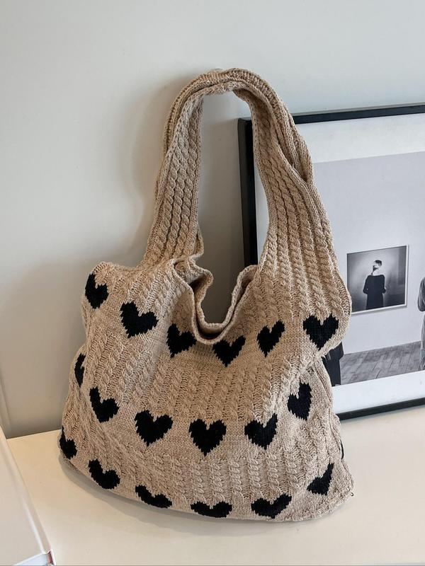 Women's Elegant Heart Pattern Crochet Shoulder Bag, Fashionable Large Capacity Tote Bag for Work & School, Retro Fashion Shoulder Bag for Travel & Vacation