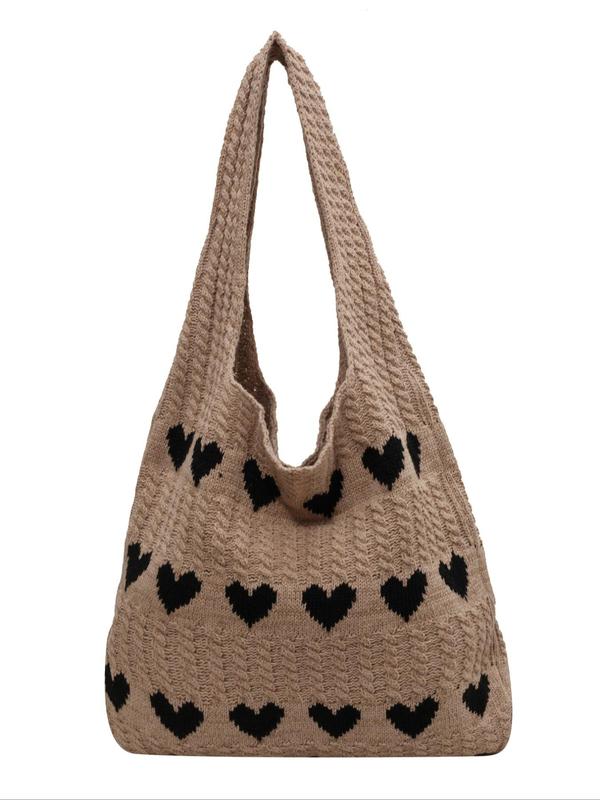 Women's Elegant Heart Pattern Crochet Shoulder Bag, Fashionable Large Capacity Tote Bag for Work & School, Retro Fashion Shoulder Bag for Travel & Vacation