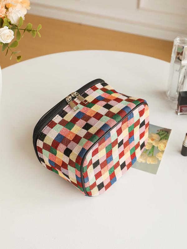 Colorful Plaid Pattern Makeup Bag, Large Capacity Cosmetic Storage Bag, Portable Travel Toiletry Bag, Zipper Makeup Organizer Pouch