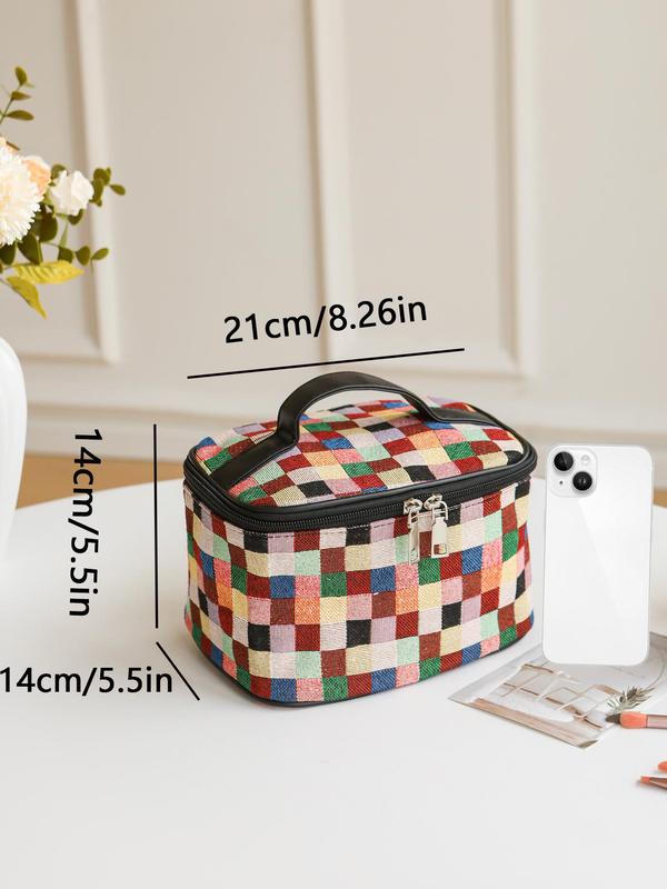 Colorful Plaid Pattern Makeup Bag, Large Capacity Cosmetic Storage Bag, Portable Travel Toiletry Bag, Zipper Makeup Organizer Pouch