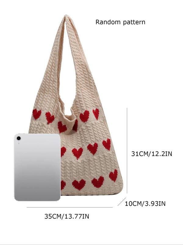 Women's Elegant Heart Pattern Crochet Shoulder Bag, Fashionable Large Capacity Tote Bag for Work & School, Retro Fashion Shoulder Bag for Travel & Vacation