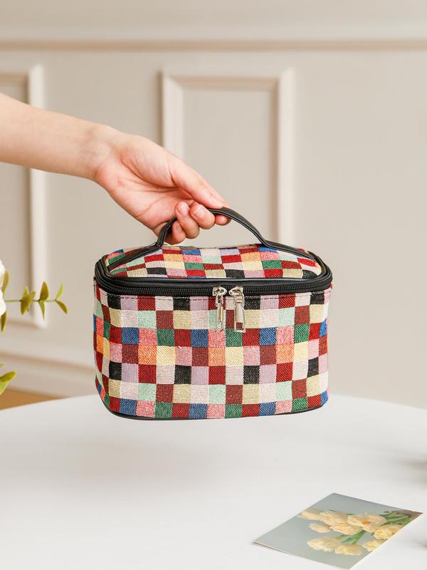 Colorful Plaid Pattern Makeup Bag, Large Capacity Cosmetic Storage Bag, Portable Travel Toiletry Bag, Zipper Makeup Organizer Pouch