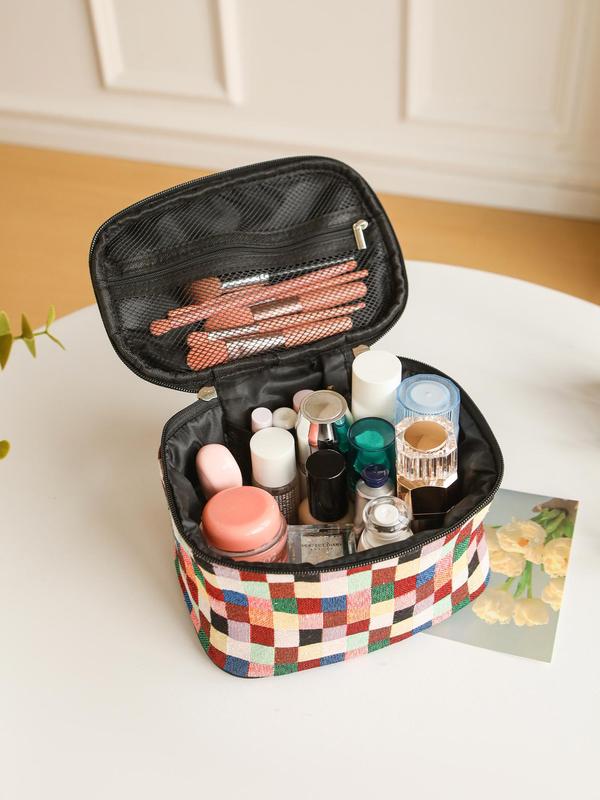 Colorful Plaid Pattern Makeup Bag, Large Capacity Cosmetic Storage Bag, Portable Travel Toiletry Bag, Zipper Makeup Organizer Pouch