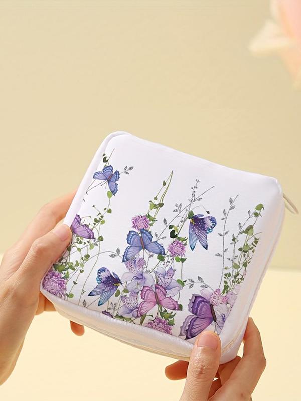 Butterfly & Floral Pattern Makeup Bag, Lightweight Tissue Bag, Portable Cosmetic Storage Box for Women