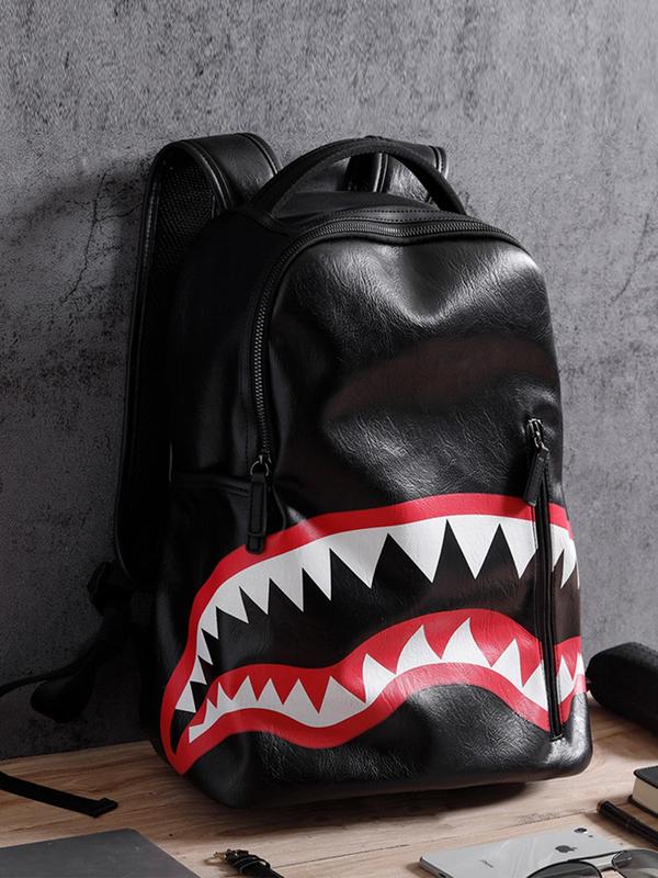 Fashionable Cartoon Shark Mouth Print Backpack, Large Capacity Waterproof Portable Backpack, Casual Trendy Versatile High-quality Daily Commuting Bag