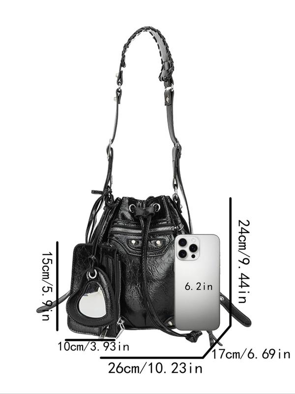 Women's Fashionable Rivet & Heart Decor Bucket Bag & Drawstring Bag, Punk Style Popular New Style, Stylish Personality, Versatile Drawstring Crossbody Bag