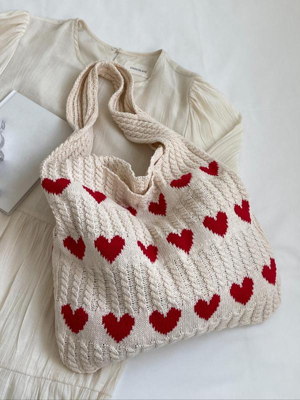 Women's Elegant Heart Pattern Crochet Shoulder Bag, Fashionable Large Capacity Tote Bag for Work & School, Retro Fashion Shoulder Bag for Travel & Vacation